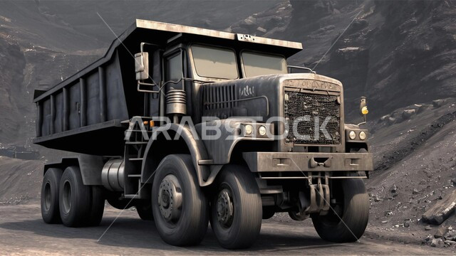 أماكن مناجم الفحم الطبيعي، سيارة تقوم بالحفر والعمل في موقع التعدين، مناطق التنقيب عن الثروات الباطنية الخام، نقل الأتربة بواسطة الشاحنات،  الطبيعة الصخرية وتضاريس السلاسل الجبلية، المرتفعات وقمم الجبال في المملكة العربية السعودية