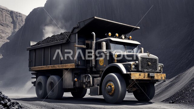 أماكن مناجم الفحم الطبيعي، سيارة تقوم بالحفر والعمل في موقع التعدين، مناطق التنقيب عن الثروات الباطنية الخام، نقل الأتربة بواسطة الشاحنات،  الطبيعة الصخرية وتضاريس السلاسل الجبلية، المرتفعات وقمم الجبال في المملكة العربية السعودية