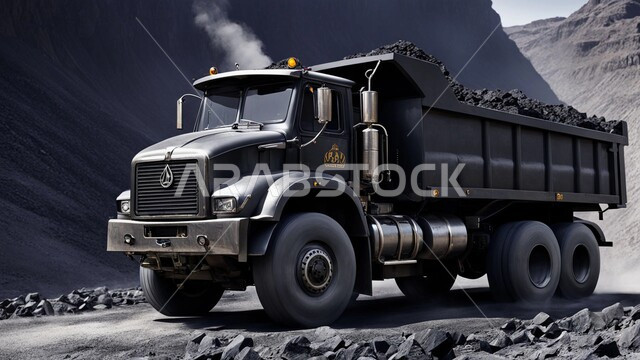 أماكن مناجم الفحم الطبيعي، سيارة تقوم بالحفر والعمل في موقع التعدين، مناطق التنقيب عن الثروات الباطنية الخام، نقل الأتربة بواسطة الشاحنات،  الطبيعة الصخرية وتضاريس السلاسل الجبلية، المرتفعات وقمم الجبال في المملكة العربية السعودية