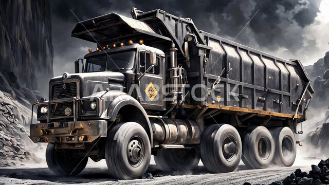 أماكن مناجم الفحم الطبيعي، سيارة تقوم بالحفر والعمل في موقع التعدين، مناطق التنقيب عن الثروات الباطنية الخام، نقل الأتربة بواسطة الشاحنات،  الطبيعة الصخرية وتضاريس السلاسل الجبلية، المرتفعات وقمم الجبال في المملكة العربية السعودية