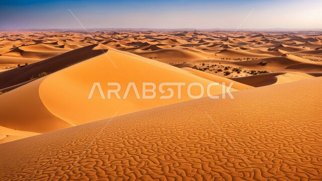 Sand formations and formations in the desert of the Kingdom of Saudi Arabia, hills and plateaus of soft, golden sand, desert areas and the natural desert environment in the daytime, nature background