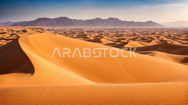 Sand formations and formations in the desert of the Kingdom of Saudi Arabia, hills and plateaus of soft, golden sand, desert areas and the natural desert environment in the daytime, nature background