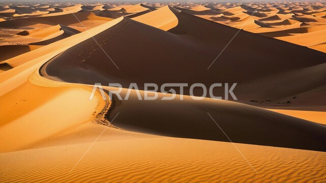 Sand formations and formations in the desert of the Kingdom of Saudi Arabia, hills and plateaus of soft, golden sand, desert areas and the natural desert environment in the daytime, nature background