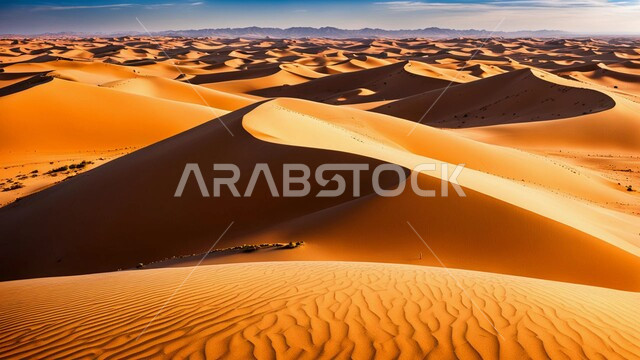 Sand formations and formations in the desert of the Kingdom of Saudi Arabia, hills and plateaus of soft, golden sand, desert areas and the natural desert environment in the daytime, nature background