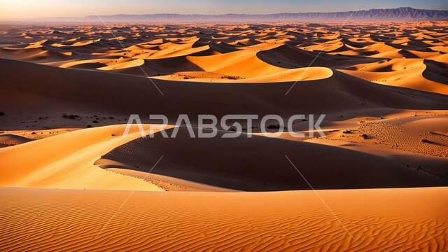مناطق البادية والبيئة الطبيعية الصحراوية في وقت النهار, التكوينات والتشكلات الرملية في صحراء المملكة العربية السعودية, التلال و الهضاب من الرمال الناعمة الذهبية، خلفية الطبيعة