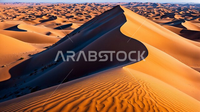 مناطق البادية والبيئة الطبيعية الصحراوية في وقت النهار, التكوينات والتشكلات الرملية في صحراء المملكة العربية السعودية, التلال و الهضاب من الرمال الناعمة الذهبية، خلفية الطبيعة