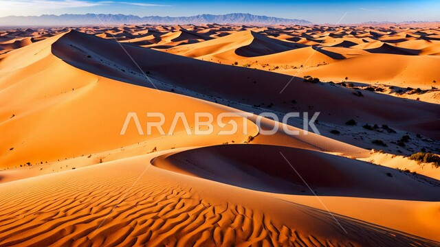 مناطق البادية والبيئة الطبيعية الصحراوية في وقت النهار, التكوينات والتشكلات الرملية في صحراء المملكة العربية السعودية, التلال و الهضاب من الرمال الناعمة الذهبية، خلفية الطبيعة