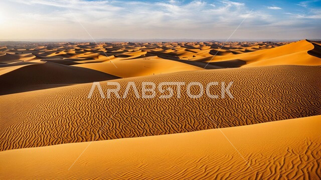 مناطق البادية والبيئة الطبيعية الصحراوية في وقت النهار, التكوينات والتشكلات الرملية في صحراء المملكة العربية السعودية, التلال و الهضاب من الرمال الناعمة الذهبية، خلفية الطبيعة