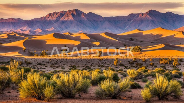 مناطق البادية والبيئة الطبيعية الصحراوية نهاراً, نمو النباتات في الأراضي القاحلة، التلال والهضاب من الرمال الذهبية الناعمة، التكوينات والتشكلات الرملية في صحراء المملكة السعودية، المرتفعات والتضاريس والقمم الجبلية في البراري، خلفية الطبيعة