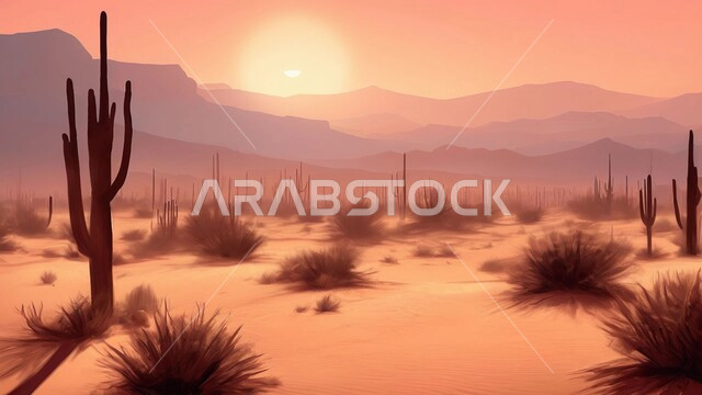 رسوم توضيحيه لمناطق البادية والبيئة الطبيعية الصحراوية نهاراً, نمو النباتات في الأراضي القاحلة، التلال والهضاب من الرمال الذهبية الناعمة، التكوينات والتشكلات الرملية في صحراء المملكة السعودية، المرتفعات والتضاريس والقمم الجبلية في البراري، خلفية الطبيعة