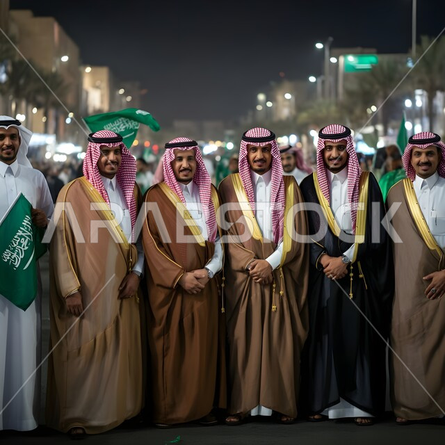 التعبير عن الحب والولاء في يوم العلم 11 مارس, الاحتفال بذكرى اليوم الوطني 23 سبتمبر, أزياء المناسبات والاحتفالات الشعبية, مجموعة من الرجال العرب الخليجيون السعوديون يرتدون الثوب السعودي التقليدي والبشت يحتفلون بيوم الاستقلال، الوقوف باعتزاز بالوطن