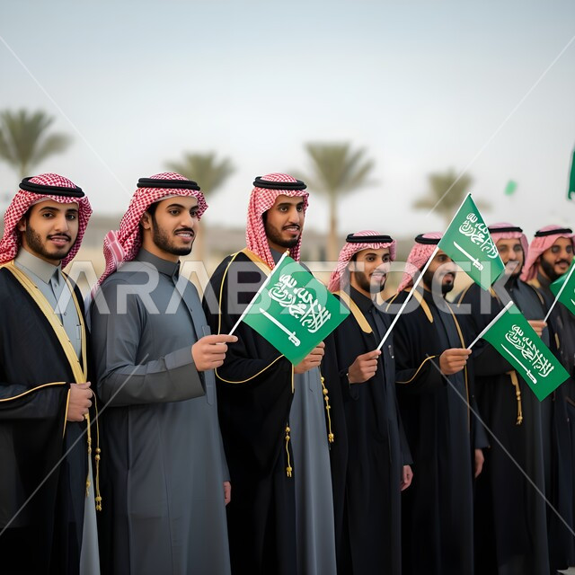 الوقوف بفخر واعتزاز بالوطن، التعبير عن الحب والولاء في يوم العلم 11 مارس, الاحتفال بذكرى اليوم الوطني 23 سبتمبر, أزياء المناسبات والاحتفالات الشعبية, مجموعة من الرجال العرب الخليجيون السعوديون يرتدون الثوب السعودي التقليدي والبشت يحتفلون بيوم الاستقلال