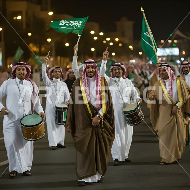 الوقوف بفخر واعتزاز بالوطن، التعبير عن الحب والولاء في يوم العلم 11 مارس, الاحتفال بذكرى اليوم الوطني 23 سبتمبر, أزياء المناسبات والاحتفالات الشعبية, مجموعة من الرجال العرب الخليجيون السعوديون يرتدون الثوب السعودي التقليدي والبشت يحتفلون بيوم الاستقلال