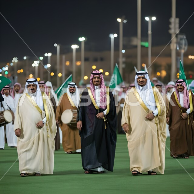 الوقوف بفخر واعتزاز بالوطن، التعبير عن الحب والولاء في يوم العلم 11 مارس, الاحتفال بذكرى اليوم الوطني 23 سبتمبر, أزياء المناسبات والاحتفالات الشعبية, مجموعة من الرجال العرب الخليجيون السعوديون يرتدون الثوب السعودي التقليدي والبشت يحتفلون بيوم الاستقلال
