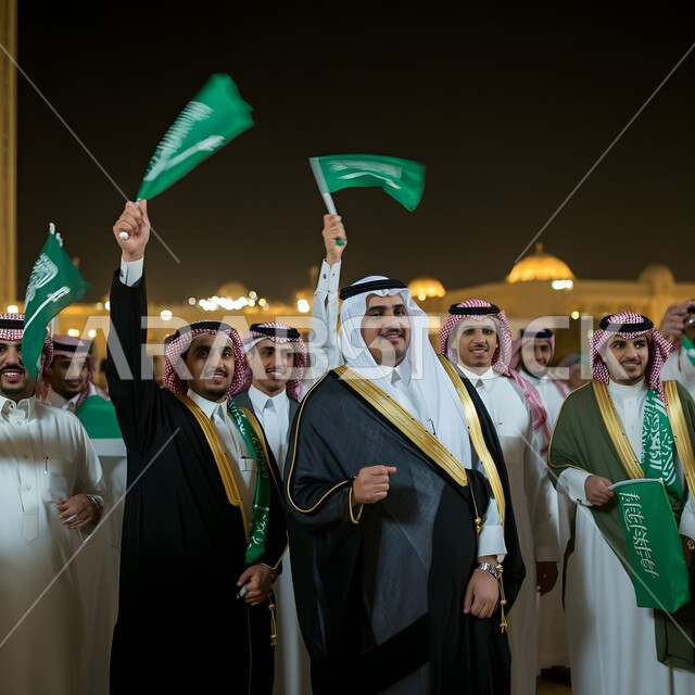 الوقوف بفخر واعتزاز بالوطن، التعبير عن الحب والولاء في يوم العلم 11 مارس, الاحتفال بذكرى اليوم الوطني 23 سبتمبر, أزياء المناسبات والاحتفالات الشعبية, مجموعة من الرجال العرب الخليجيون السعوديون يرتدون الثوب السعودي التقليدي والبشت يحتفلون بيوم الاستقلال