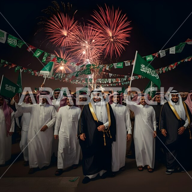 الوقوف بفخر واعتزاز بالوطن، التعبير عن الحب والولاء في يوم العلم 11 مارس, الاحتفال بذكرى اليوم الوطني 23 سبتمبر, أزياء المناسبات والاحتفالات الشعبية, مجموعة من الرجال العرب الخليجيون السعوديون يرتدون الثوب السعودي التقليدي والبشت يحتفلون بيوم الاستقلال