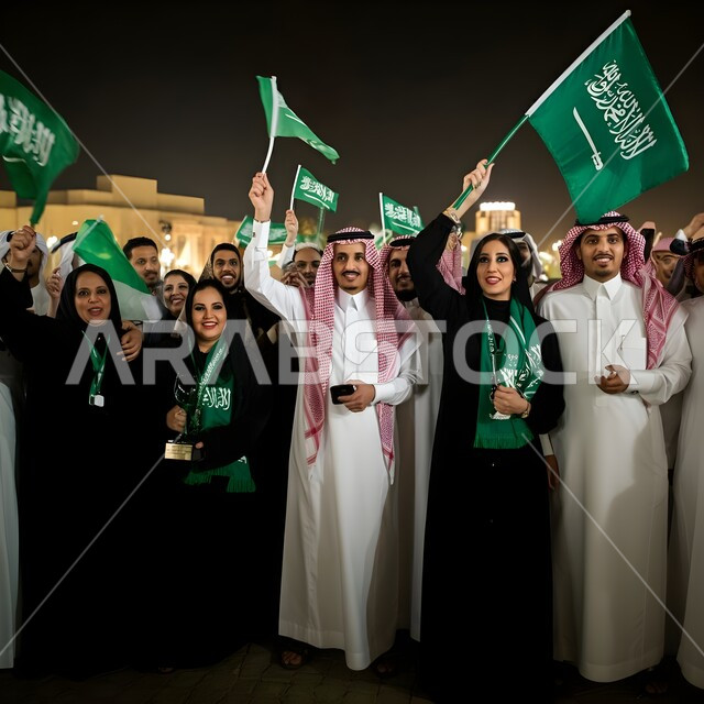 الاحتفال بذكرى اليوم الوطني، يوم العلم السعودي 11مارس، التعبير عن الحب والولاء للسعودية, العيد الوطني 8 ربيع الأول، مواطنون عرب خليجيون سعوديون نساء ورجال تظهر عليهم علامات الفخر والاعتزاز بالوطن، الأعلام والريات الوطنية ترفرف عاليا 