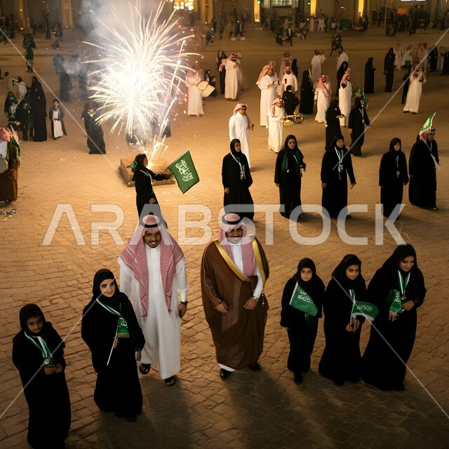 الاحتفال بذكرى اليوم الوطني، يوم العلم السعودي 11مارس، التعبير عن الحب والولاء للسعودية, العيد الوطني 8 ربيع الأول، مواطنون عرب خليجيون سعوديون نساء ورجال تظهر عليهم علامات الفخر والاعتزاز بالوطن، الأعلام والريات الوطنية ترفرف عاليا 
