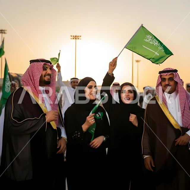 الاحتفال بذكرى اليوم الوطني، يوم العلم السعودي 11مارس، التعبير عن الحب والولاء للسعودية, العيد الوطني 8 ربيع الأول، مواطنون عرب خليجيون سعوديون نساء ورجال تظهر عليهم علامات الفخر والاعتزاز بالوطن، الأعلام والريات الوطنية ترفرف عاليا 