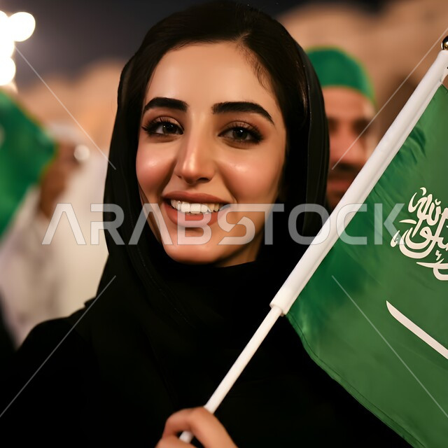 التعبير عن الحب والولاء للسعودية, إقامة المسيرات الوطنية، العيد الوطني 8 ربيع الأول، احياء ذكرى اليوم الوطني 23سبتمبر، يوم العلم السعودي 11مارس، صورة مقربة لمواطنة عربية خليجية سعودية تنظر إلى الكاميرا بإيماءات السعادة 