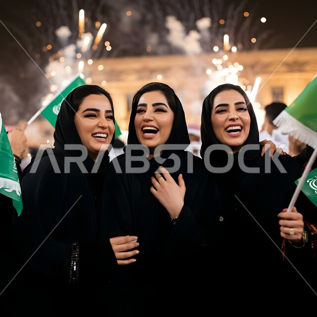 التعبير عن الحب والولاء للسعودية, إقامة المسيرات الوطنية، العيد الوطني 8 ربيع الأول، احياء ذكرى اليوم الوطني 23سبتمبر، يوم العلم السعودي 11مارس، صورة مقربة لثلاث مواطنات عربيات خليجيات سعوديات تظهر عليهن ايماءات السعادة والسرور