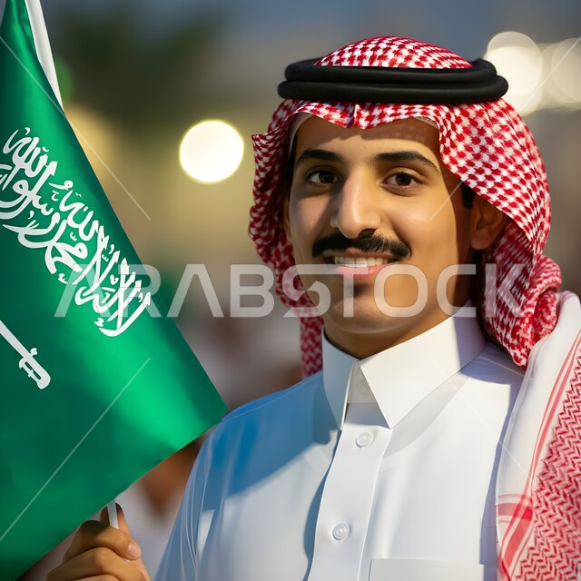 التعبير عن الحب والولاء للسعودية, إقامة المسيرات الوطنية، العيد الوطني 8 ربيع الأول، احياء ذكرى اليوم الوطني 23سبتمبر، يوم العلم السعودي 11مارس، صورة مقربة لرجل عربي خليجي سعودي يرتدي الثوب التقليدي ينظر إلى الكاميرا بايماءات السعادة والسرور 