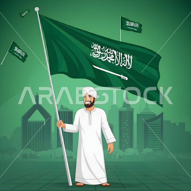 التعبير عن الحب والولاء للسعودية, إقامة المسيرات الوطنية، العيد الوطني 8 ربيع الأول، احياء ذكرى اليوم الوطني 23سبتمبر، يوم العلم السعودي 11مارس، رسوم توضيحية لرجل عربي خليجي سعودي يرتدي الثوب التقليدي يحمل الراية ينظر إلى الكاميرا بايماءات السعادة والسرور 