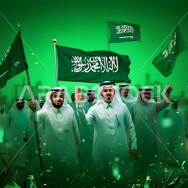 التعبير عن الحب والولاء للسعودية, إقامة المسيرات الوطنية، العيد الوطني 8 ربيع الأول، احياء ذكرى اليوم الوطني 23سبتمبر، يوم العلم السعودي 11مارس، كروما لثلاث رجال عرب سعوديون يرتدون الثوب التقليدي يحملون الراية ينظرون إلى الكاميرا بايماءات السعادة والسرور 
