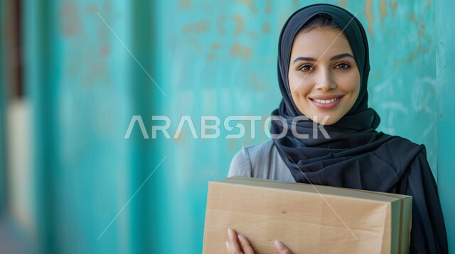 أناقة النساء السعوديات, مفهوم الانوثة والنعومة والاهتمام بالمظهر الخارجي, صورة مقربة لإمرأة عربية خليجية سعودية محجبة مبتسمة ترتدي الحجاب الأسود تحمل بيدها علبة, النظر إلى الكاميرا بإيماءات الفرح والسرور