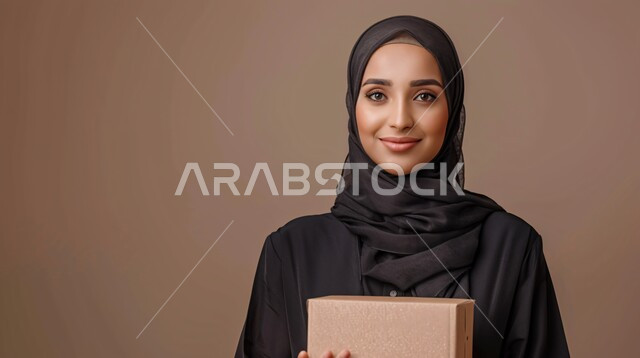 أناقة النساء السعوديات, مفهوم الانوثة والنعومة والاهتمام بالمظهر الخارجي, بورتريه مقرب لإمرأة عربية خليجية سعودية محجبة مبتسمة ترتدي العباءة السوداء تحمل بيدها علبة, النظر إلى الكاميرا بإيماءات الفرح والسرور، خلفية بني
