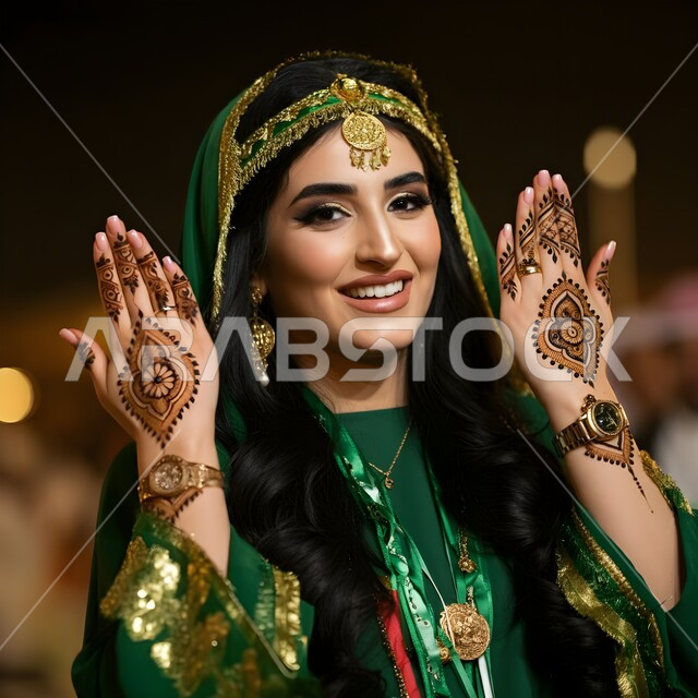 أزياء الاحتفالات الشعبيه بالأعياد والمناسبات الوطنية، ذكرى اليوم الوطني السعودي 23 سبتمبر، صورة مقربة لامرأة عربية خليجية سعودية مبتسمة ترتدي الشيلة وثوب المنطقة الوسطى في العيد الوطني تضع على يديها الحناء تنظر إلى الكاميرا بإيماءات السعادة والسرور