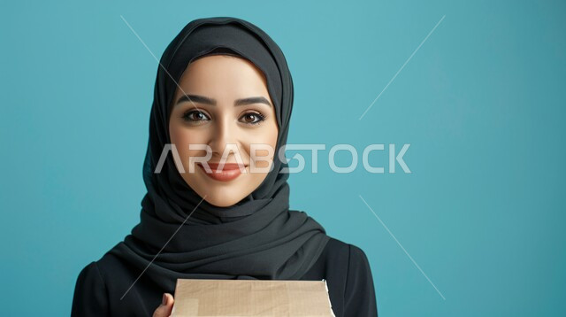 Elegance of Saudi women, the concept of femininity, softness and interest in external appearance, portrait of a smiling veiled Saudi Arabian Gulf woman wearing a black abaya holding a box in her hand, looking at the camera with gestures of joy and happiness, blue background