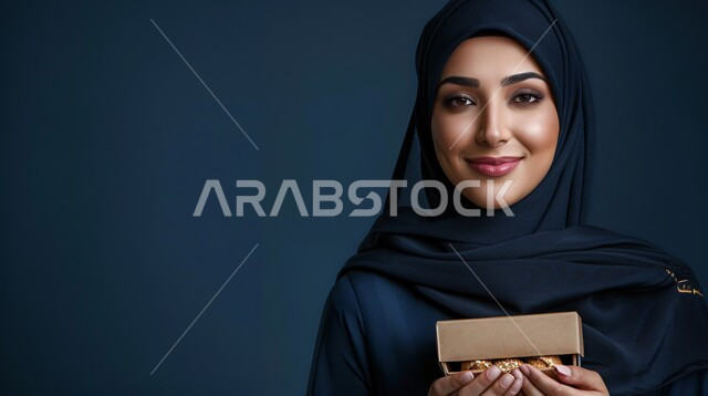 مفهوم الانوثة والنعومة والاهتمام بالمظهر الخارجي, أناقة النساء السعوديات, بورتريه مقرب لإمرأة عربية خليجية سعودية محجبة مبتسمة ترتدي العباءة السوداء تحمل بيدها صندوقا من شوكلا الحلوى, النظر إلى الكاميرا بإيماءات الفرح والسرور، خلفية سوداء