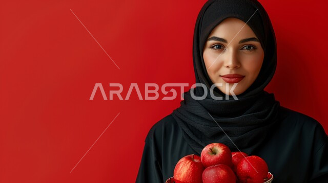 شراء الفواكه الطازجة ذات القيمة الغذائية العالية، بورتريه مقرب لإمرأة عربية خليجية سعودية مبتسمة ترتدي العباءة السوداء تحمل بيدها كيس ورقي من التفاح، النظر الى الكاميرا بإيماءات الفرح والسرور، الحفاظ على الرشاقة من خلال تناول المأكولات الصحية، أطعمة غنية بالفيتامينات، خلفية حمراء