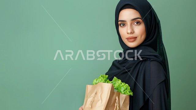شراء الخضراوات الطازجة ذات القيمة الغذائية العالية، بورتريه مقرب لإمرأه عربية خليجية سعودية مبتسمة ترتدي العباءة السوداء تحمل بيدها كيس ورقي من الخضار، الحفاظ على الرشاقة من خلال تناول المأكولات الصحية، أطعمة غنية بالفيتامينات، خلفية خضراء