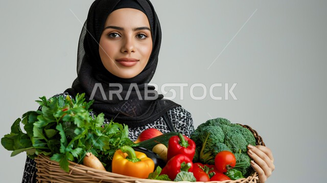 أطعمة غنية بالفيتامينات، شراء الخضراوات الطازجة ذات القيمة الغذائية العالية، بورتريه مقرب لإمرأه عربية خليجية سعودية مبتسمة ترتدي الحجاب الأسود تحمل بيدها سلة من الخضروات الطازجة، النظر الى الكاميرا بتعابير الفرح والسرور. الحفاظ على الرشاقة من خلال تناول المأكولات الصحية، خلفية بيضاء