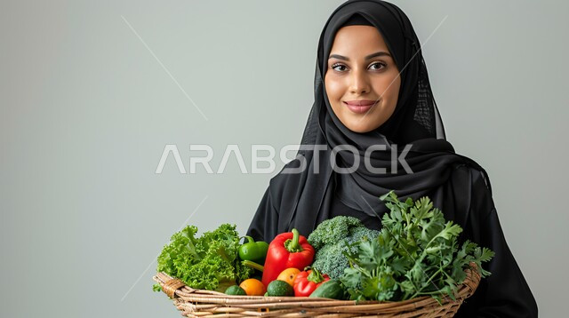 أطعمة غنية بالفيتامينات، شراء الخضراوات الطازجة ذات القيمة الغذائية العالية، بورتريه مقرب لإمرأه عربية خليجية سعودية مبتسمة ترتدي الحجاب الأسود تحمل بيدها سلة من الخضروات الطازجة، النظر الى الكاميرا بتعابير الفرح والسرور. الحفاظ على الرشاقة من خلال تناول المأكولات الصحية، خلفية بيضاء