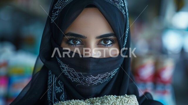 مفهوم الأناقة والأنوثة والشياكة، أزياء محجبات عصريه حديثه، الاهتمام بالمظهر الخارجي، ابراز العيون المكحلة السوداء، صورة مقربة لإمرأة عربية خليجية سعودية منقبة تنظر إلى الكاميرا بإيماءات الثقة بالنفس