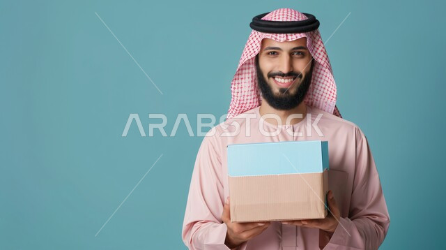 Giving and presenting luxury gifts, holidays, occasions and happy surprises, portrait of a smiling Saudi Arabian Gulf man wearing traditional thobe and red shemagh holding a wrapped gift box in his hands looking at the camera with gestures of pleasure and happiness, blue background