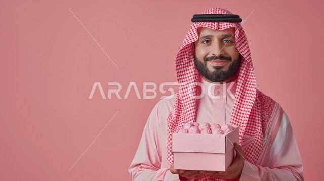 إهداء وتقديم الهدايا الفاخرة، أعياد ومناسبات ومفاجآت سعيدة, بورتريه مقرب لرجل عربي خليجي سعودي مبتسم يرتدي الثوب التقليدي والشماغ الأحمر يحمل بيديه علبة هدايا مغلفة ينظر الى الكاميرا بإيماءات السرور والسعادة، خلفية وردية