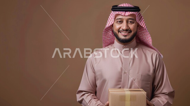 الاهتمام بالمظهر الخارجي، بورتريه مقرب  لرجل عربي خليجي سعودي يرتدي الشماغ الأحمر و الزي التقليدي البيج يحمل بيده طردا، النظر الى الكاميرا بإيماءات الفرح والسرور، مفهوم الرجولة و الشياكة، خلفية بني