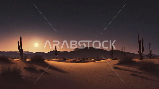 التكوينات والتشكيلات الصخرية الضخمة، التضاريس والبيئة الصحراوية في الصحراء العربية، منظر القمر المضيء في سماء السعوديه, الكثبان الرملية الذهبية، جبال ومرتفعات المملكة العربية السعودية في وضع الليل، خلفية الطبيعة