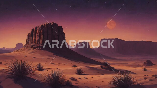 Huge rock formations and formations, desert terrain and environment in the Arabian Desert, view of the bright moon in the Saudi sky, golden sand dunes, mountains and highlands of Saudi Arabia at night, nature background 