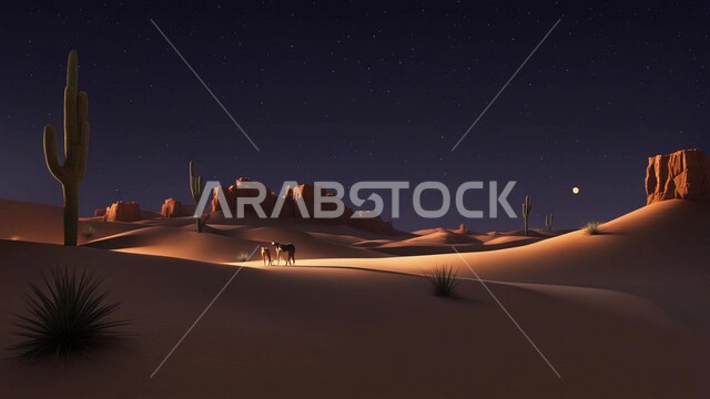 التكوينات والتشكيلات الصخرية الضخمة، التضاريس والبيئة الصحراوية في الصحراء العربية، منظر القمر المضيء في سماء السعوديه, الكثبان الرملية الذهبية، جبال ومرتفعات المملكة العربية السعودية في وضع الليل، خلفية الطبيعة