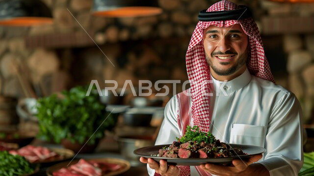 تقديم وجبات الأطعمة الشرقية اللذيذة, أطباق المطاعم الشهية, صورة مقربة لرجل عربي سعودي خليجي مبتسم يرتدي الزي التقليدي والشماغ الأحمر يحمل بيده طبق من الطعام اللذيذ, النظر الى الكاميرا بتعابير الفرح والسرور, الأطباق والمأكولات الشعبية التقليدية، وصفات ذات نكهات متميزة