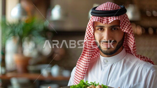 تقديم وجبات الأطعمة الشرقية اللذيذة, أطباق المطاعم الشهية, صورة مقربة لرجل عربي سعودي خليجي مبتسم يرتدي الزي التقليدي والشماغ الأحمر يحمل بيده طبق من الطعام اللذيذ, النظر الى الكاميرا بتعابير الفرح والسرور, الأطباق والمأكولات الشعبية التقليدية، وصفات ذات نكهات متميزة