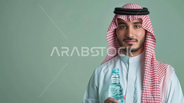 أهمية شرب الماء النقي للمحافظة على بشرة نضرة، بورتريه مقرب لرجل عربي خليجي سعودي يرتدي الشماغالاحمر والثوب يقوب بمسك عبوة بلاستيكية من المياه, المحافظة على سلامة الجهاز المناعي، التخلص من سموم الجسم، الحفاظ على صحة الكلى ومعالجتها، خلفية رمادي