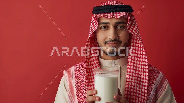 احتساء المشروبات الساخنه، اتباع نظام عذائي صحي، بورتريه لرجل عربي خليجي سعودي مبتسم يرتدي الثوب التقليدي والشماغ الأحمر يحمل بيده كوب من الحليب ،النظر الى الكاميرا بتعابير الفرح والسرور، خلفية حمراء