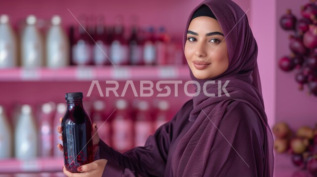 The concept of softness and femininity, interest in elegance and appearance, marketing of cosmetics and products in stores, a close-up of a smiling Saudi Arabian Gulf woman wearing a purple hijab and abaya holding a bottle in her hand, looking at the camera with gestures of self-confidence