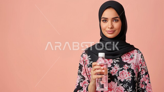 The concept of softness and femininity, interest in elegance and external appearance, the importance of drinking water to maintain the immune system, a close-up portrait of a Saudi Arabian Gulf woman wearing a black hijab holding a bottle of water in her hand, looking at the camera with gestures of self-confidence, pink background